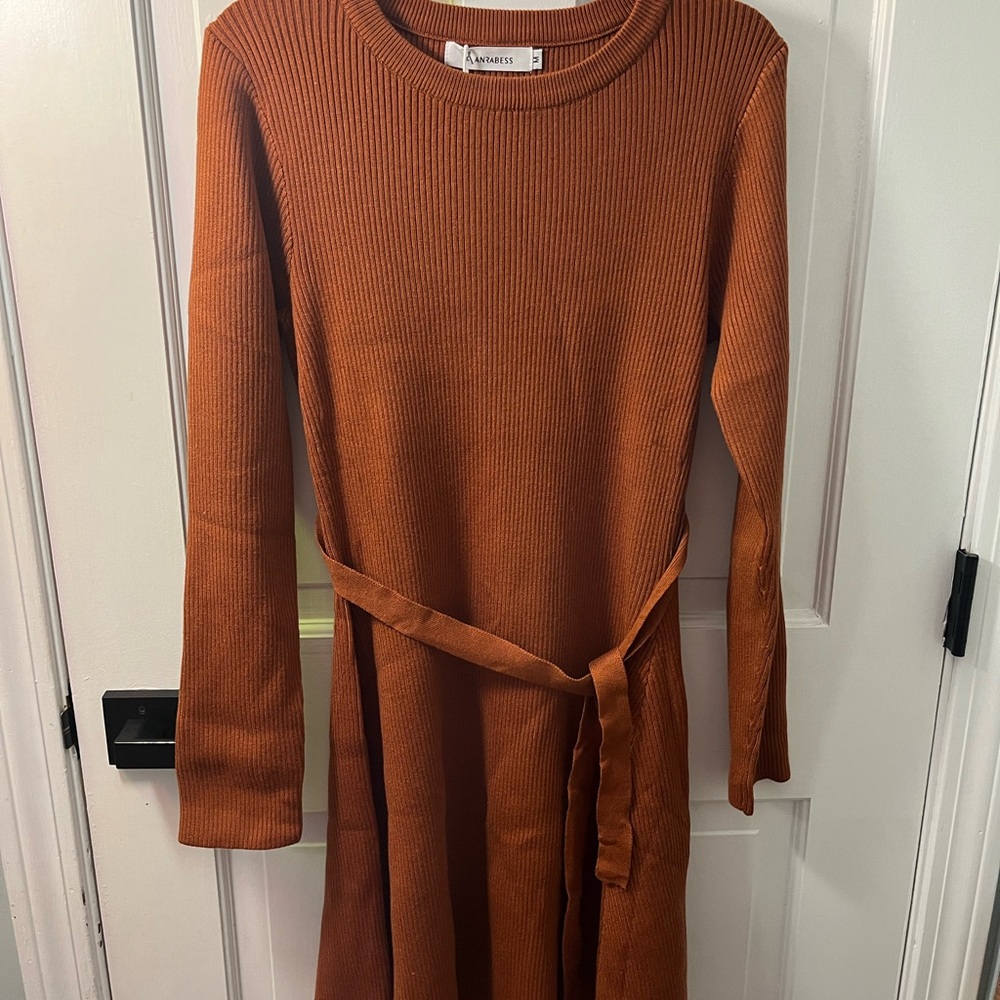 ANRABESS Long Sleeve Crewneck Tie Waist A-Line Swing Ribbed Knit Sweater Dress